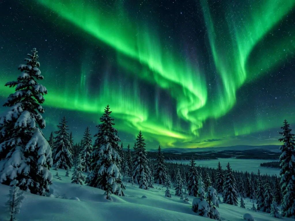 Northern Lights over a snowy Arctic landscape