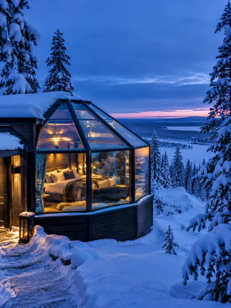 Glass roof igloo under the Arctic sky